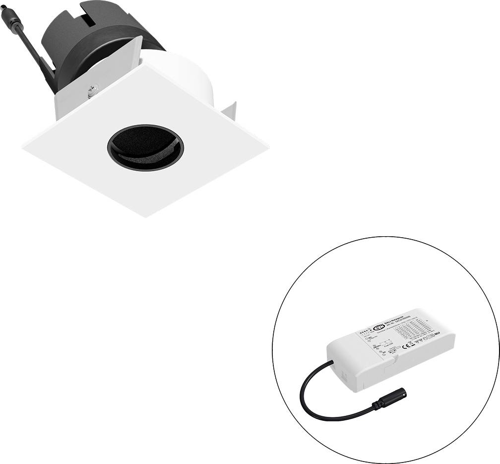 Eingebaute Deckenleuchte mit quadratischem weißem Rahmen und schwarzem Lampengehäuse, plus separater LED-Treiber in einem Kreis dargestellt.