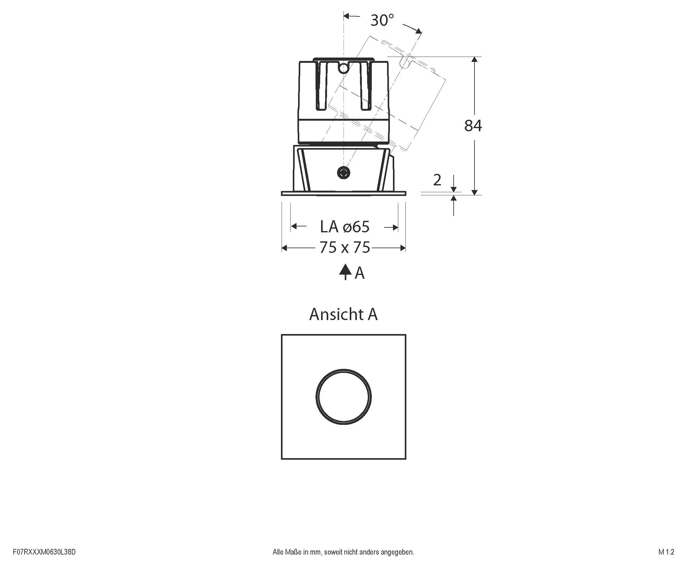 Technische Maßzeichnung eines mechanischen Bauteils mit Seiten- und Vorderansicht mit Abmessungen 84 mm Höhe, 75 x 75 mm Grundfläche und 