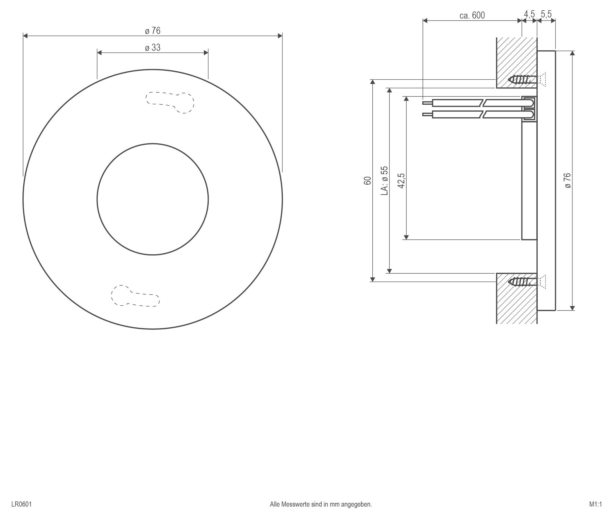 Technische Maßzeichnung einer kreisförmigen Befestigung mit zentralem Loch und seitlichem Querschnitt mit Angaben in Millimetern.
