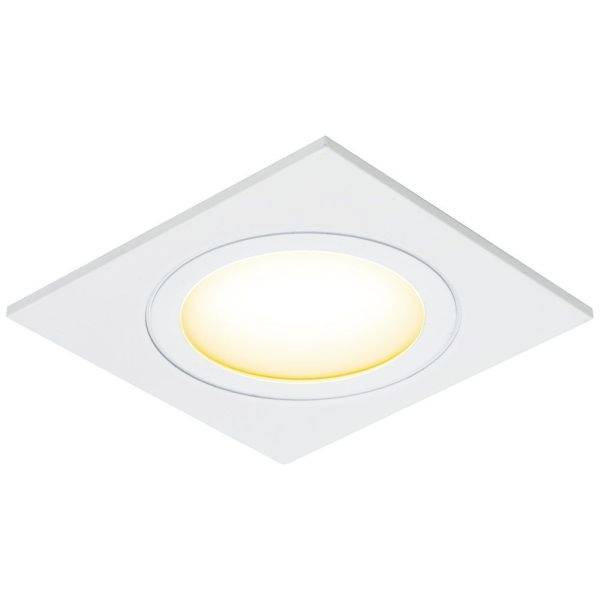 Eine quadratische weiße Deckenleuchte mit rundem, warmweiß leuchtendem LED-Element in der Mitte.