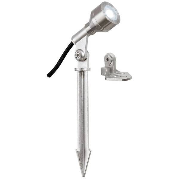Silberfarbener LED-Gartenstrahler mit Erdspieß und einstellbarem Kopf, geeignet zur Beleuchtung von Außenbereichen.