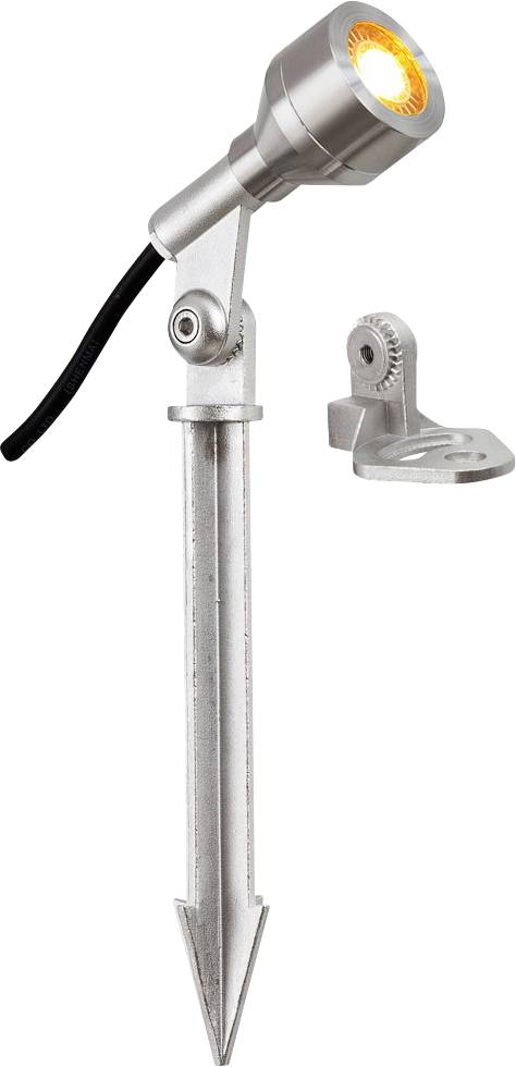 Metallischer Erdspieß mit verstellbarem Scheinwerferkopf und separater Montageklammer, dargestellt auf weißem Hintergrund.