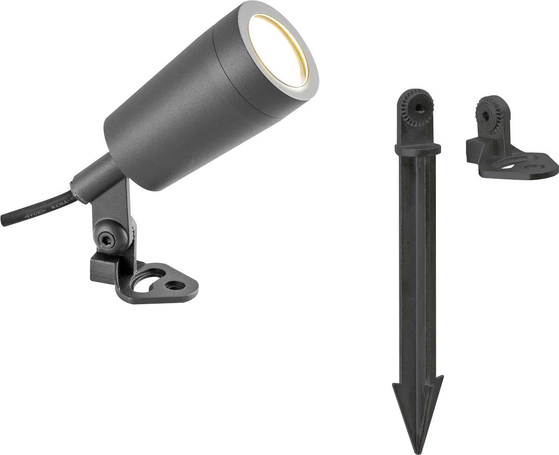 Schwarzer verstellbarer Außenstrahler mit Kabel, gezeigt mit Erdspieß und Montagewinkel-Zubehör auf weißem Hintergrund.