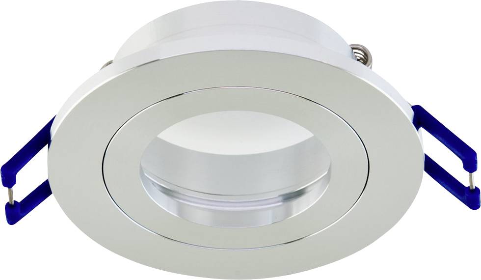 Runde, versenkte LED-Einbauleuchte mit silberner Blende und blauen Federklemmen auf weißem Hintergrund.