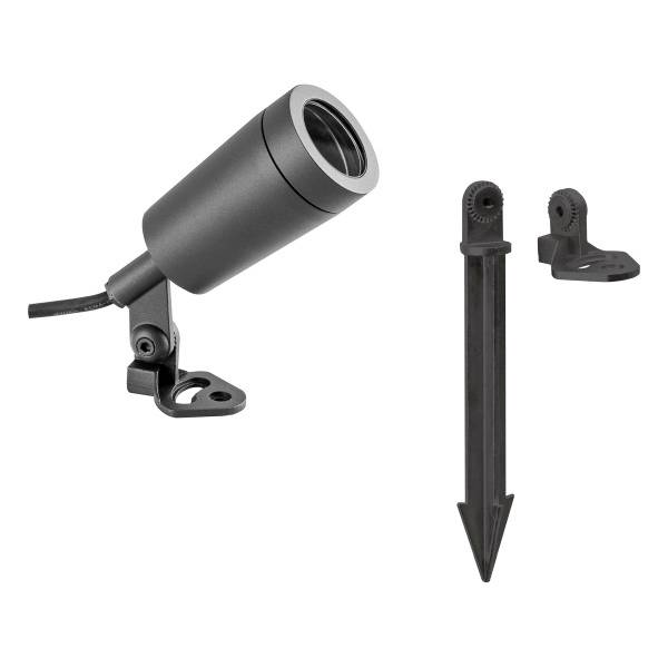 Außenleuchte mit Erdspieß und Wandhalterung. Schwarzes Gehäuse, verstellbarer Kopf. Verwendung in Garten oder an Fassaden.
