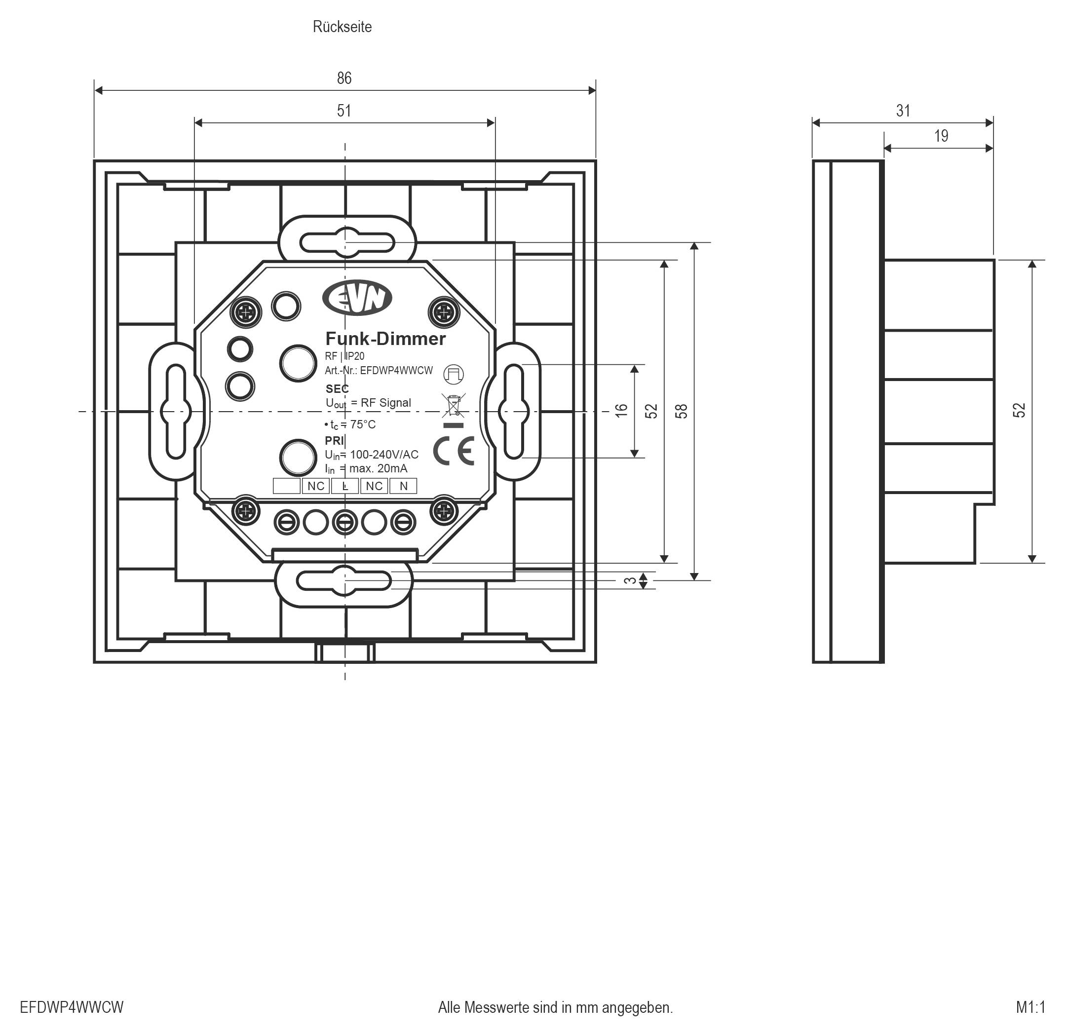 Technische Maßzeichnung eines Funk-Dimmer Wandmoduls, zeigt Rück- und Seitenansichten mit Abmessungen in Millimetern.