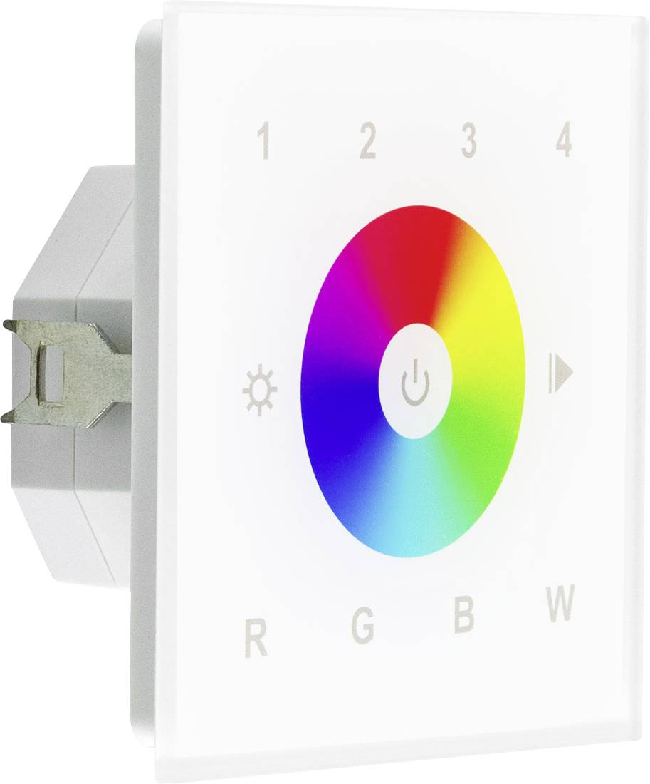 Ein quadratisches Touch-Panel zur Steuerung von LED-Beleuchtung zeigt einen Farbkreis mit Tasten für Helligkeit und Farbeinstellungen.