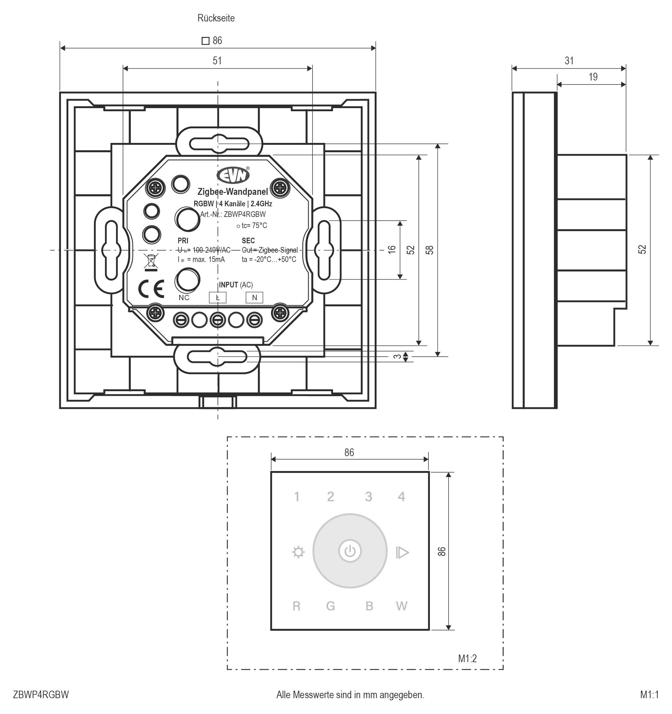Technische Abmessungszeichnung eines EVN Zigbee-Wandschalters mit Vorder- und Seitenansicht, die Montagemaße in Millimetern zeigt.
