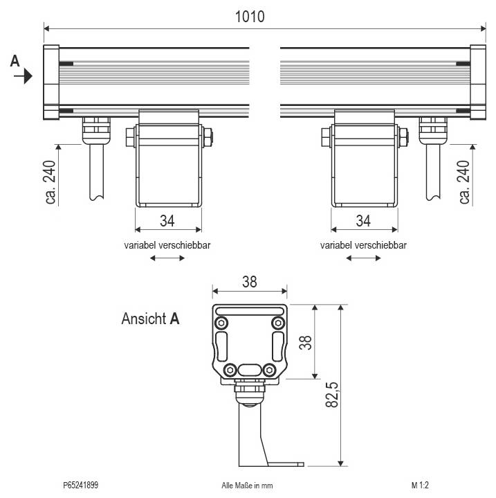 Technische Zeichnung einer horizontalen Komponente mit zwei verstellbar montierten Einheiten, die Abmessungen von 1010 mm Breite, etwa 240 mm Höhe zeigt, und eine Detailansicht 'Ansicht A' mit Messwerten von 38 mm und 82,5 mm.