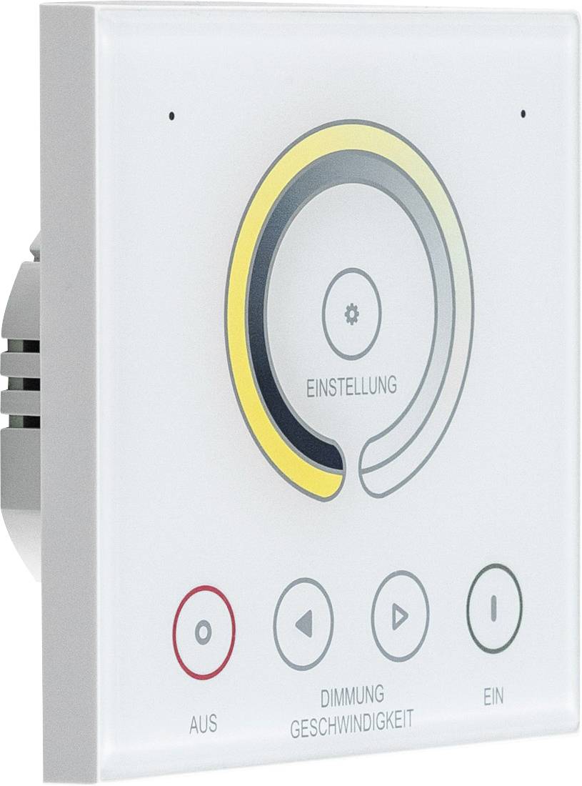 Ein weißer Lichtschalter mit einem Drehknopf in der Mitte für 'Einstellung', und darunter vier Tasten: 'Aus', 'Dimmung', 'Geschwindigkeit', 'Ein'.