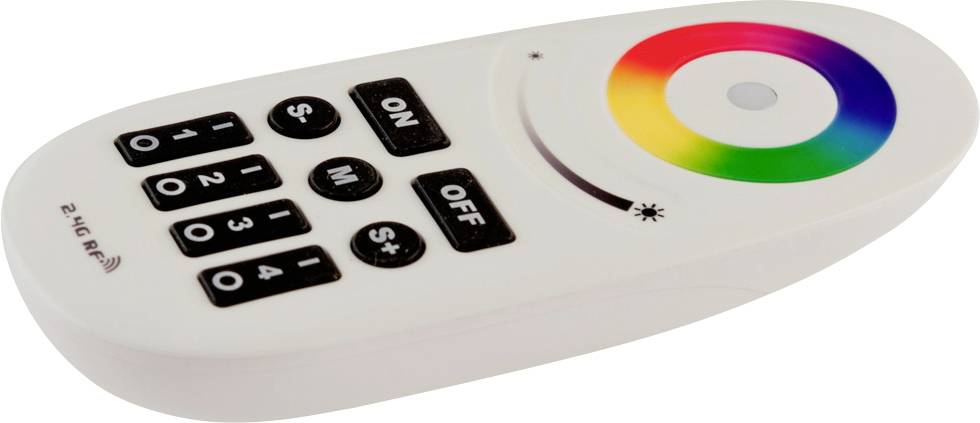 Weiße Fernbedienung für eine LED-Leuchte mit nummerierten und farbigen Tasten sowie EIN/AUS-Steuerung.
