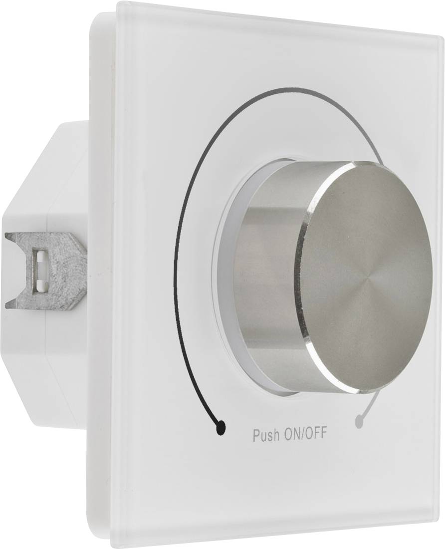 Weißer Wandschalter mit großem rundem silbernem Knopf und aufgedrucktem „Push ON/OFF