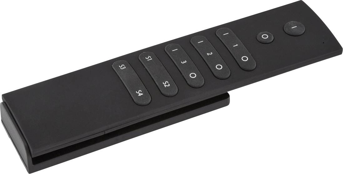 Schwarze Fernbedienung mit nummerierten Tasten und kreisförmigen Ein-/Ausschalter-, Minus- und Plus-Reglern auf weißem Hintergrund.