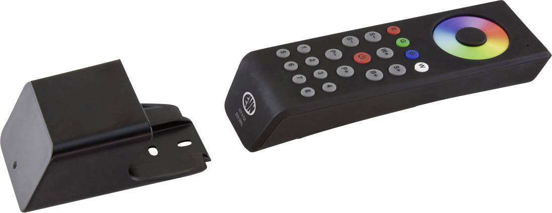 Schwarze kabellose Fernbedienung und passendes Empfängermodul für eine RGB-LED-Leuchte, nebeneinander auf weißem Hintergrund dargestellt.