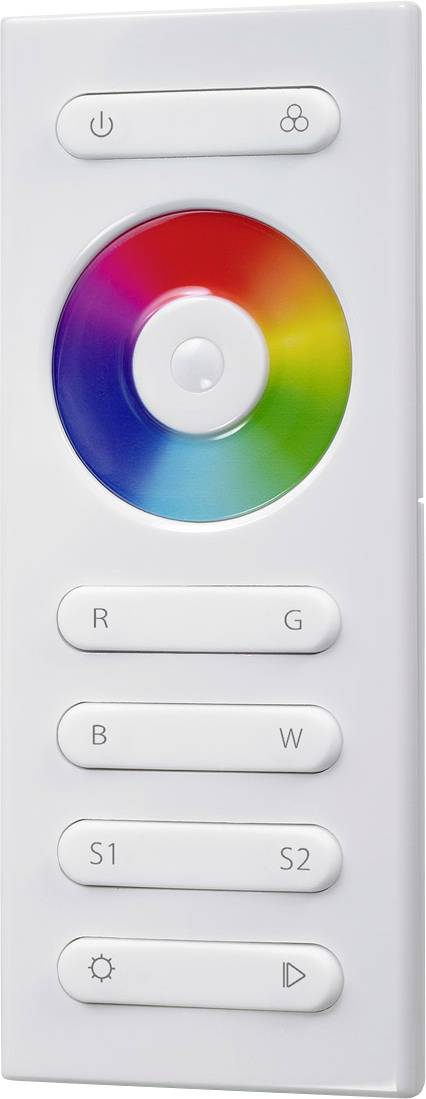 Weiße Fernbedienung für RGB-LED-Leuchte mit Farbrad und Tasten für Stromversorgung, Helligkeit, Farbmodus und Szenenwahl.