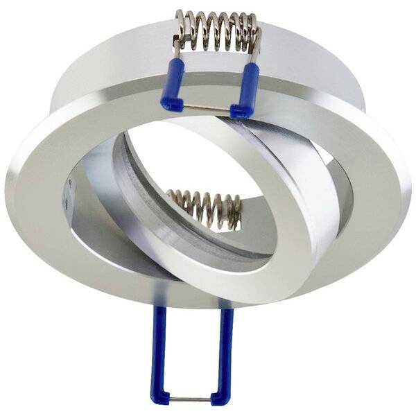 Runde, silberne Federklemme für Deckeneinbauleuchten mit blauen Halteklammern.