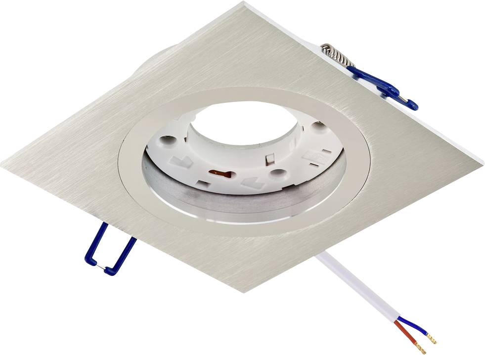 Quadratische, gebürstete Deckeneinbauleuchte aus Metall mit zentraler kreisförmiger Öffnung und sichtbaren Befestigungsclips, freigestellt auf weißem Hintergrund.