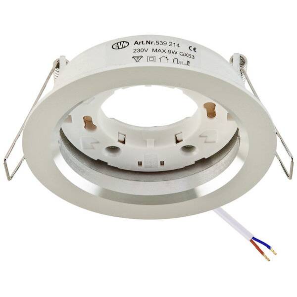 Ein runder Lampeneinbaurahmen mit Halterungen, ausgelegt für eine GX53-Fassung, maximal 9W, mit zwei offenen Kabelenden.