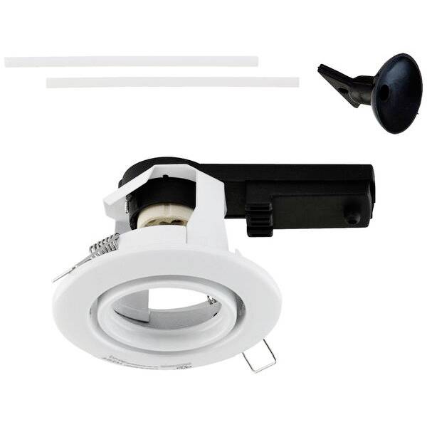 Einbausatz für eine LED-Leuchte in runder Form mit weißen Elementen und einem schwarzen Schalter. Enthält Montierzubehör.