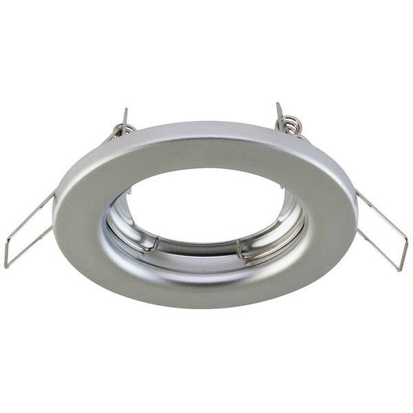 Rundes silbernes Gehäuse für eine LED-Einbauleuchte, mit zwei Befestigungsklammern auf beiden Seiten. Ideal für Deckenmontage.