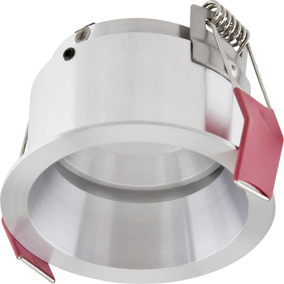 Runde, bündige LED-Einbauleuchte mit Federklemmen und rote Schutzlasche, gezeigt auf weißem Hintergrund.