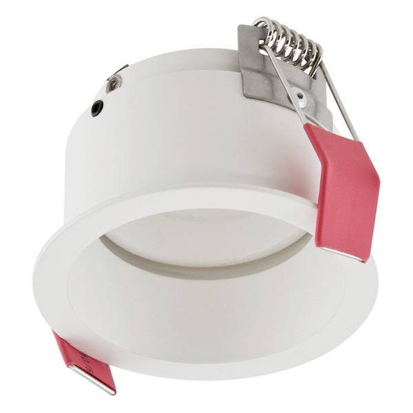 Weiße Einbauleuchte mit federbelasteten Halteklammern und roten Schutzabdeckungen.