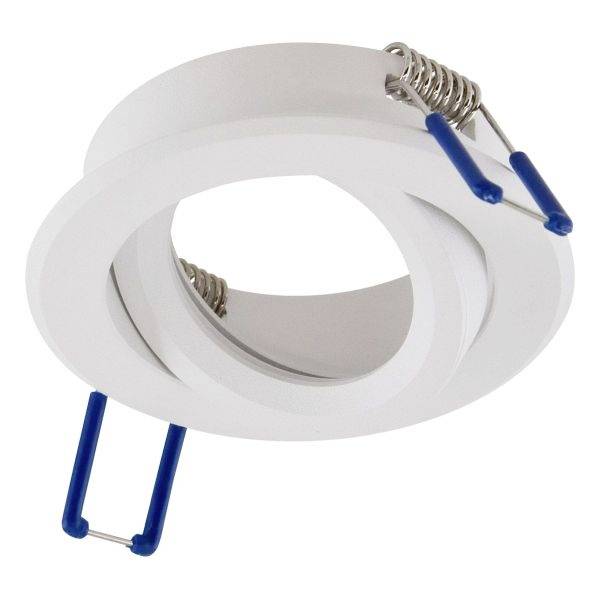 Ein weißer, runder Einbauspot-Halter mit metallischen Federn zur Befestigung, geeignet für den Einsatz in abgehängten Decken.