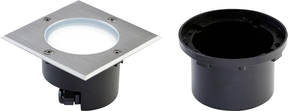 Zwei runde Bodenleuchten-Gehäuse, eine mit silberner quadratischer Blende und eine ohne, auf weißem Hintergrund.