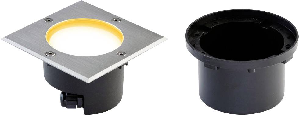 Zwei Ansichten einer quadratischen, in die Decke eingelassenen Leuchte mit gebürstetem Metallrahmen und schwarzem Gehäuse, dargestellt vor weißem Hintergrund.