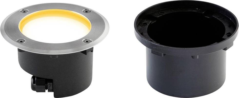 Zwei runde, versenkte Leuchtengehäuse nebeneinander dargestellt, eines mit einem silbernen Trimmring und gelbem inneren Rand, das andere in Schwarz ohne Verzierungen.