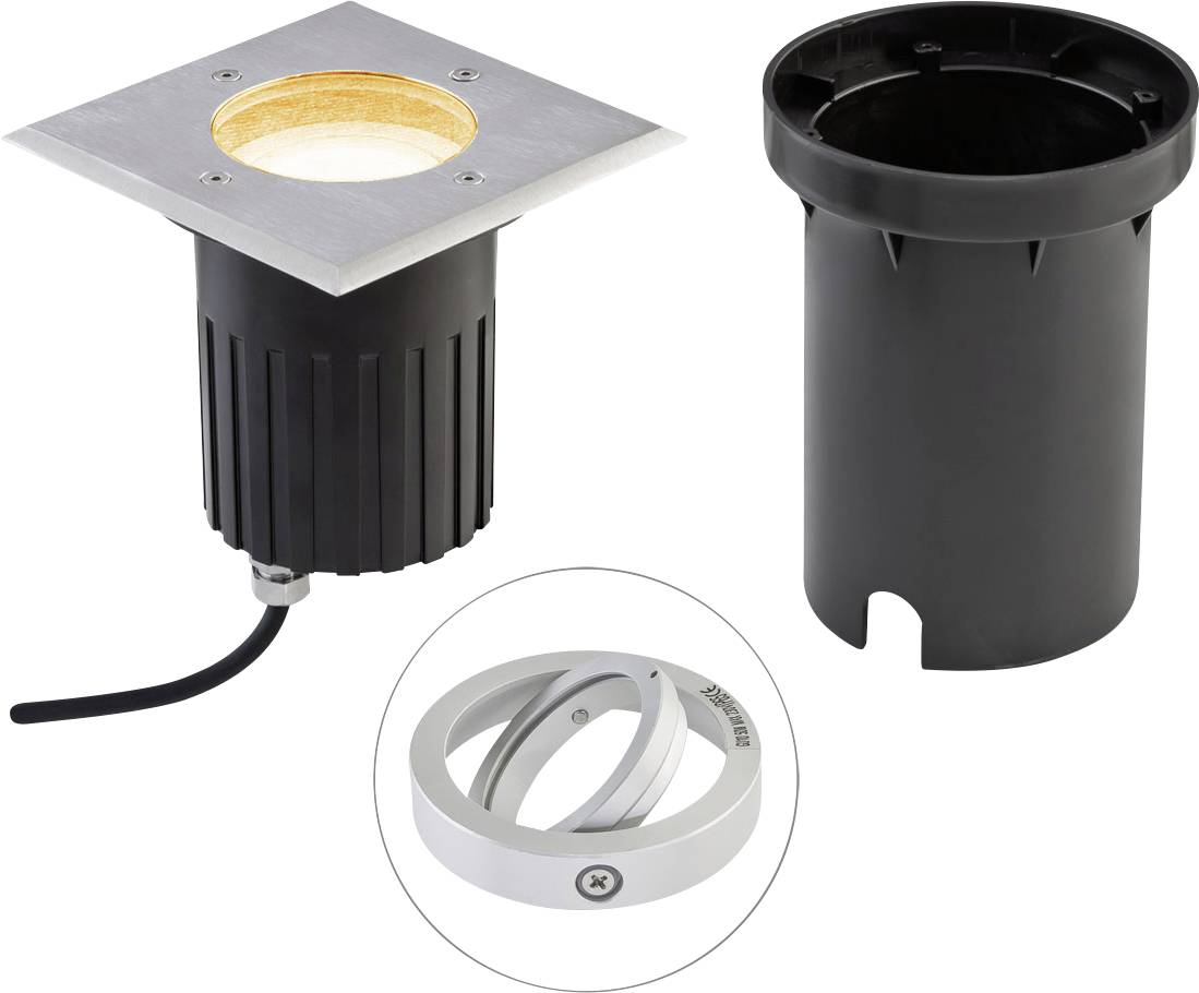 Produktbild einer eingebauten quadratischen LED-Bodenleuchte mit schwarzem Gehäuse, abnehmbarem zylindrischem Ärmel und kreisförmigem Trimring-Einsatz.