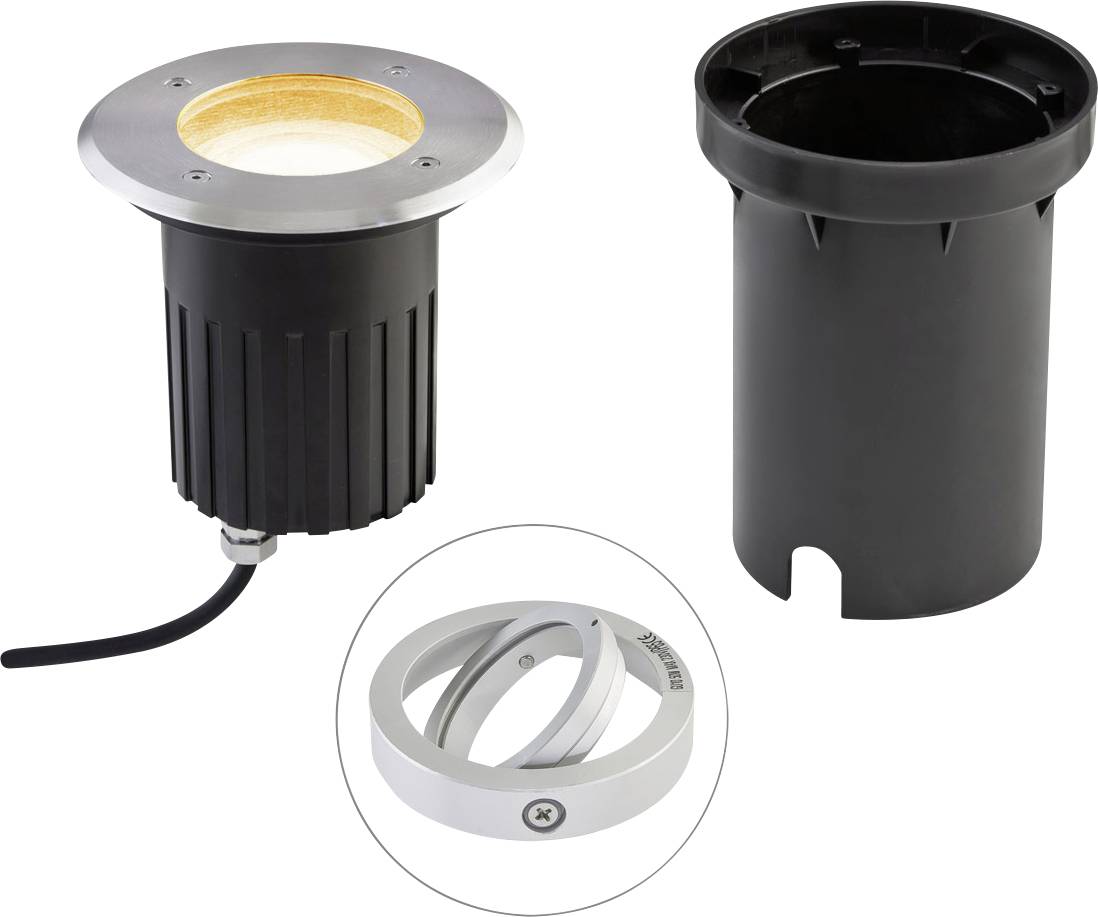 Produktbild einer eingebauten LED-Leuchte mit schwarzem Gehäuse, silbernem Zierring, Stromkabel und einer separaten schwarzen Montagehülse plus rundem Einschubelement.