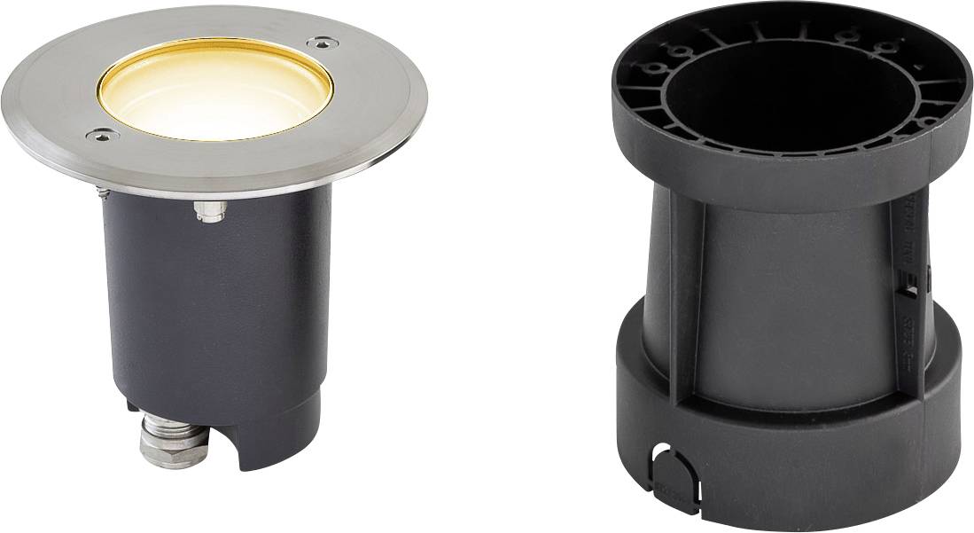 Zwei Ansichten einer schwarzen zylindrischen Bodenleuchte mit silbernem Zierring, die die beleuchtete Vorderseite und das hintere Gehäuse zeigen.