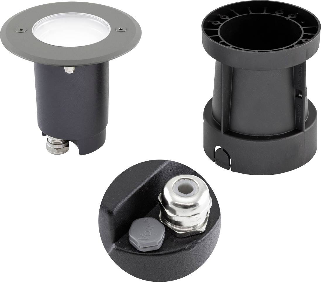 Drei Ansichten einer schwarzen zylindrischen Bodenleuchte, die die obere Blende, das Gehäuse und eine Nahaufnahme der Basisverbindung zeigen.