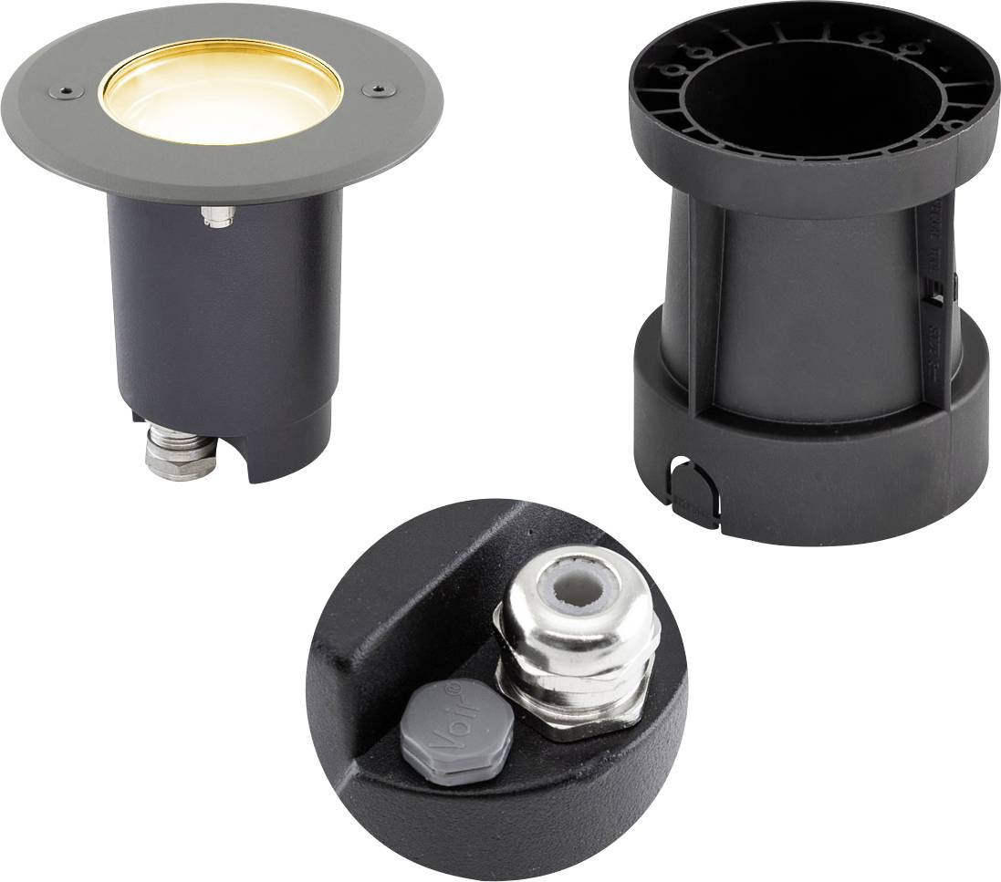 Schwarze unterirdische Außenleuchte von oben, von der Seite und detaillierte Ansicht des Anschlusses gezeigt, mit kreisförmiger versenkter Linse und Montagefuß.