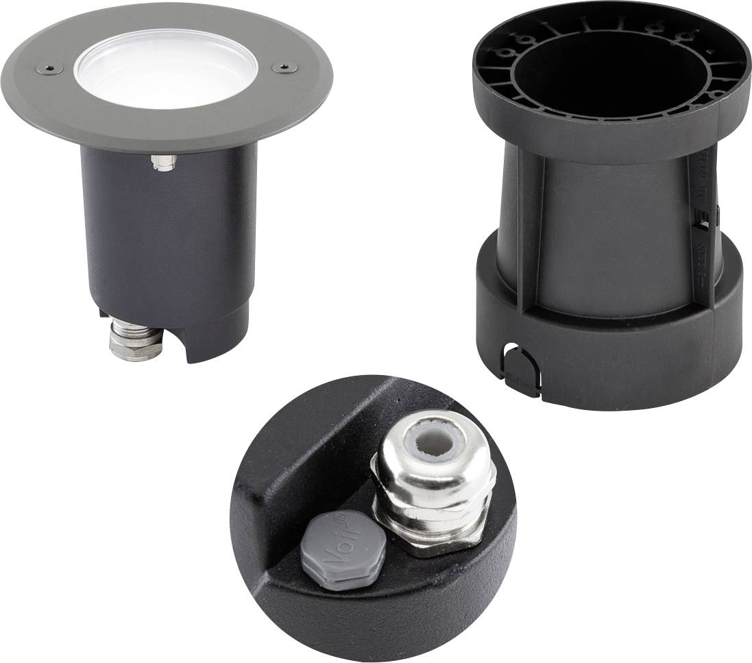 Produktabbildung einer schwarzen zylindrischen Bodenleuchte, die aus mehreren Winkeln gezeigt wird, einschließlich einer Nahaufnahme des Basissteckers.