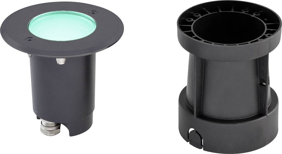 Zwei Ansichten einer schwarzen zylindrischen Bodenleuchte mit leuchtendem grünem Objektiv, die die Front- und Seiten-/Rückansicht des Gehäuses zeigen.