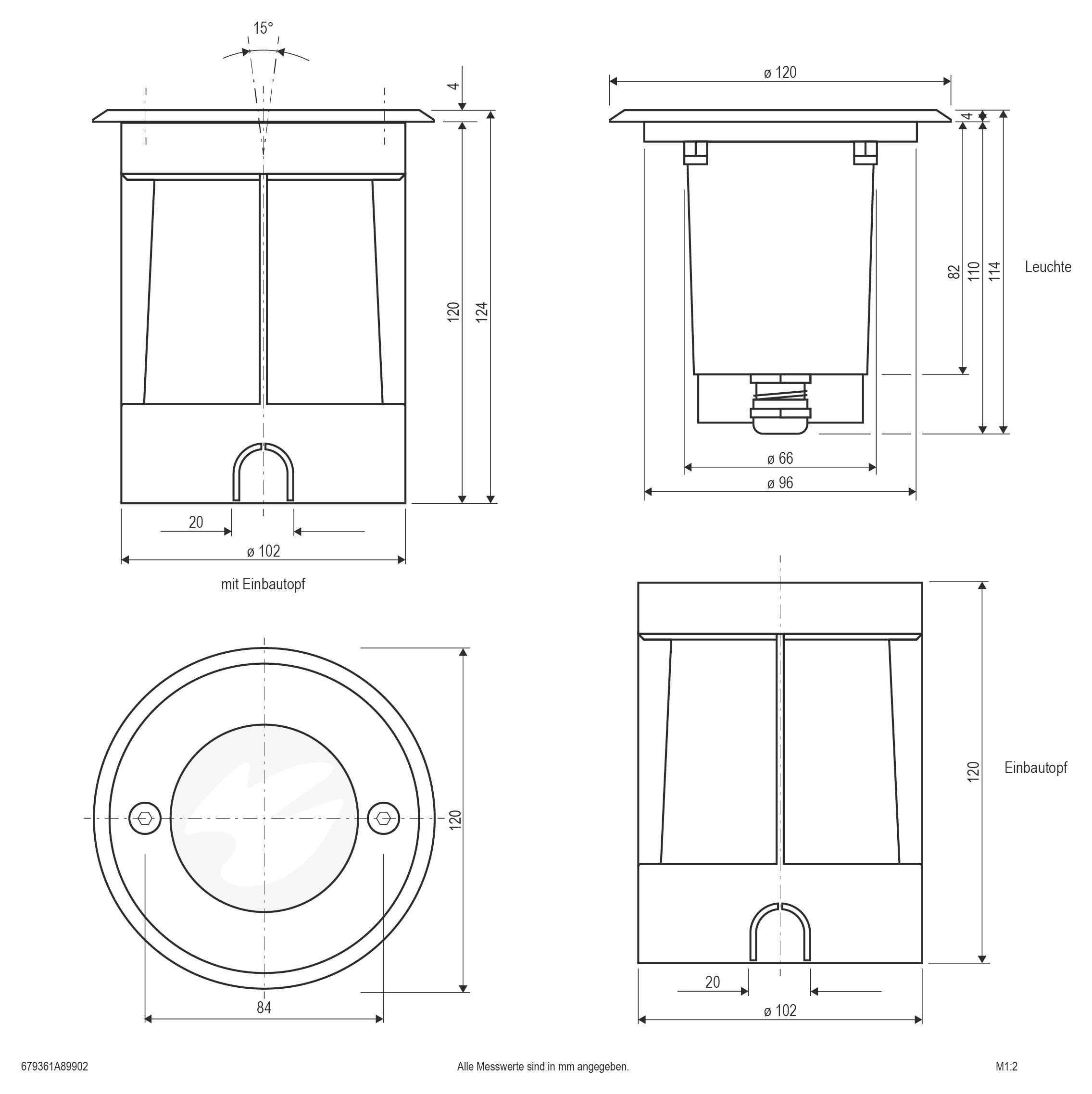 Technische Zeichnung mit vier Ansichten einer zylindrischen Einbau-Leuchte, Darstellung von Abmessungen und Installationsmessungen in Millimetern.
