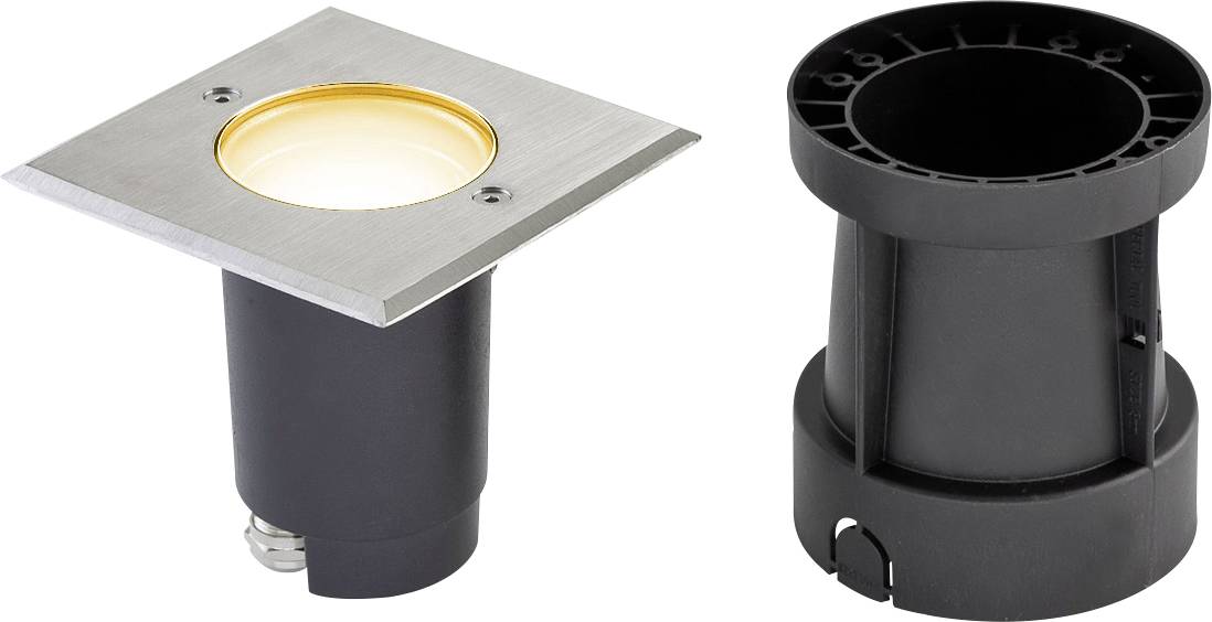 Zwei Ansichten einer eingelassenen Bodenleuchte: quadratische Metallblende mit kreisförmiger Öffnung und schwarzes zylindrisches Gehäuse.