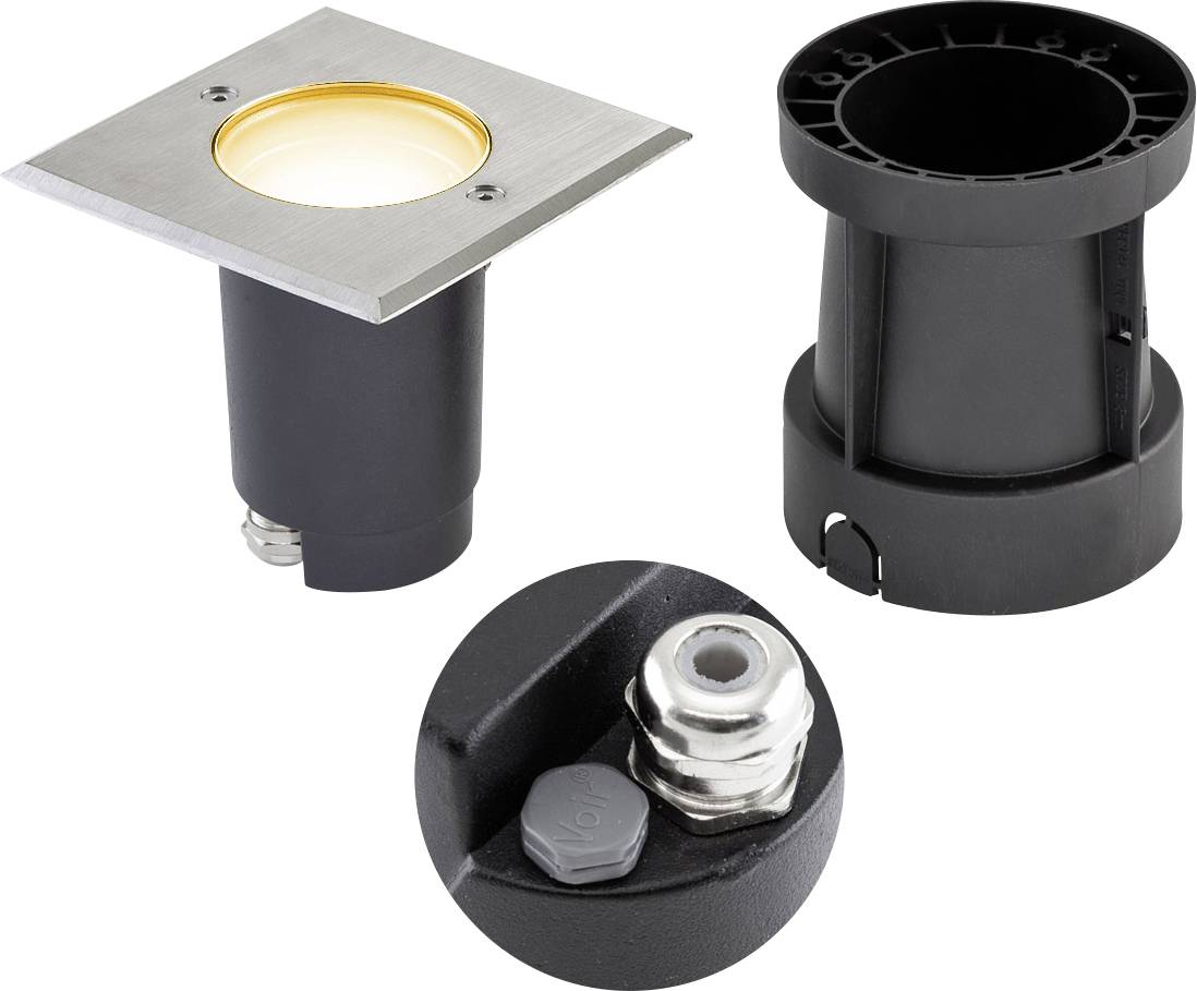 Produktfoto einer eingebauten Außenbodenleuchte: quadratische Edelstahloberseite mit beleuchtetem Objektiv, schwarzes zylindrisches Gehäuse und Nahaufnahme der Montagebasis.