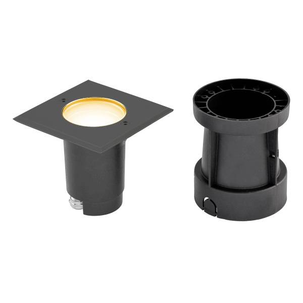 Schwarzer quadratischer Einbauspot mit danebenliegender Hülse. Geeignet für Bodeninstallation, zeigt Lichtquelle und Gehäuse.