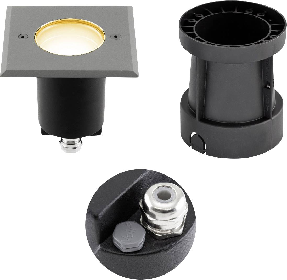Schwarze quadratische Außenleuchte von vorne, von der Seite und Stecker-Nahaufnahme gezeigt, wobei die versenkte Lampenöffnung und die Montagebasis hervorgehoben werden.