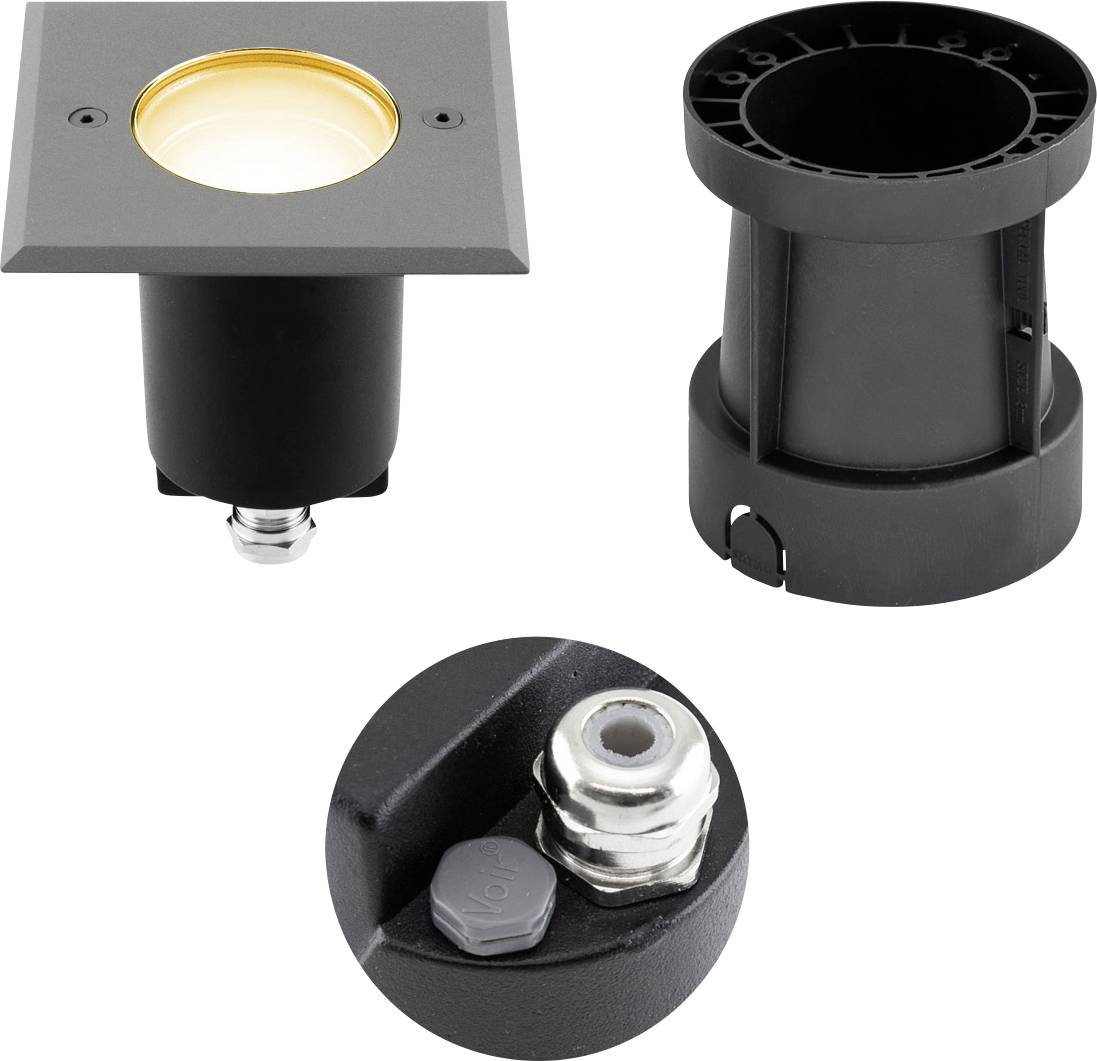 Produktbild einer schwarzen quadratischen Bodenleuchten-Gehäuse von oben, von der Seite und Steckerverbinder-Ansichten gezeigt, mit einer kreisförmigen Öffnung und Montagezubehör.