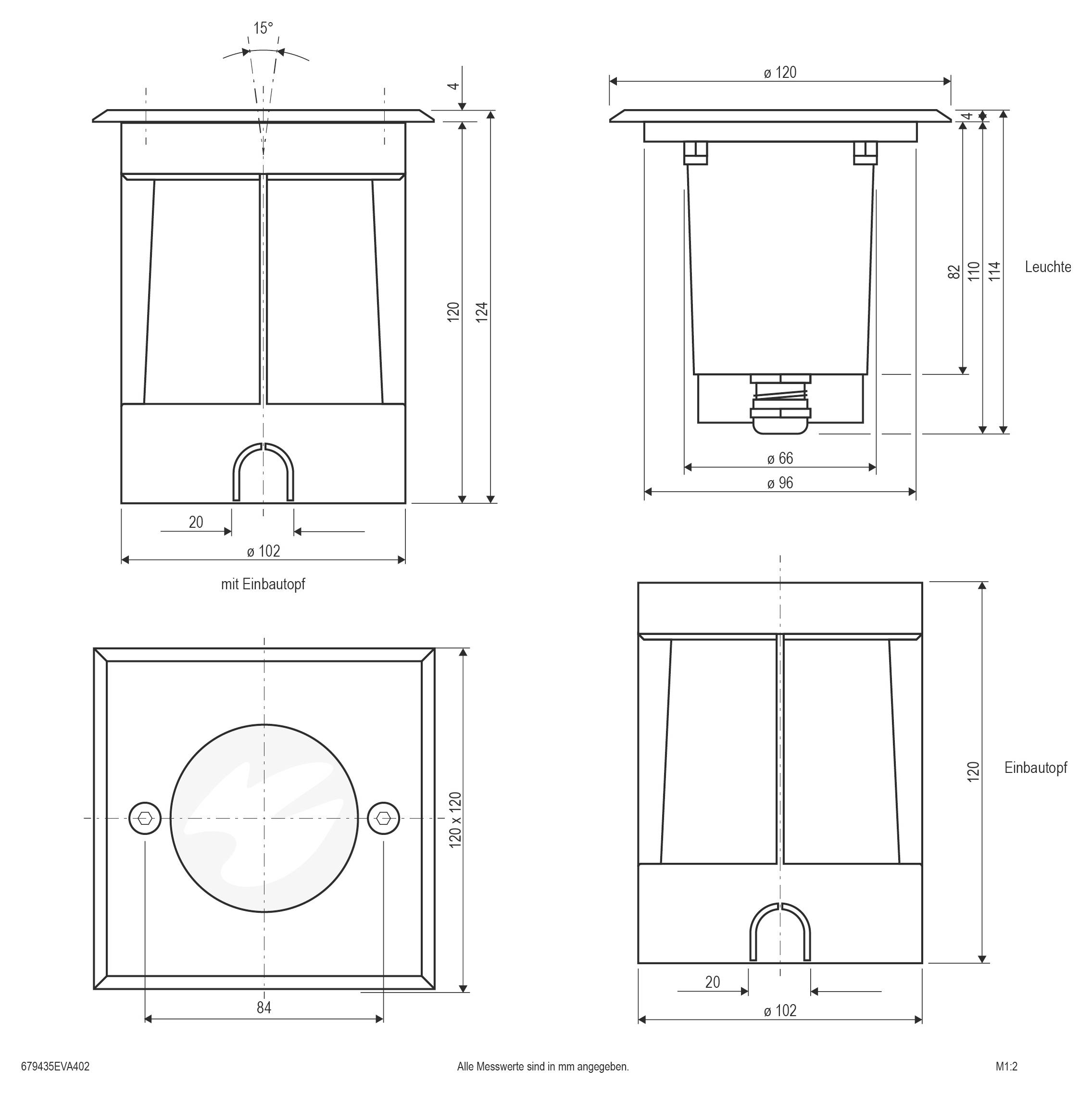 Technische Zeichnung mit Vorder- und Seitenansicht einer zylindrischen Leuchte und eines Installationstopfs, mit Maßen und Montagemessungen.