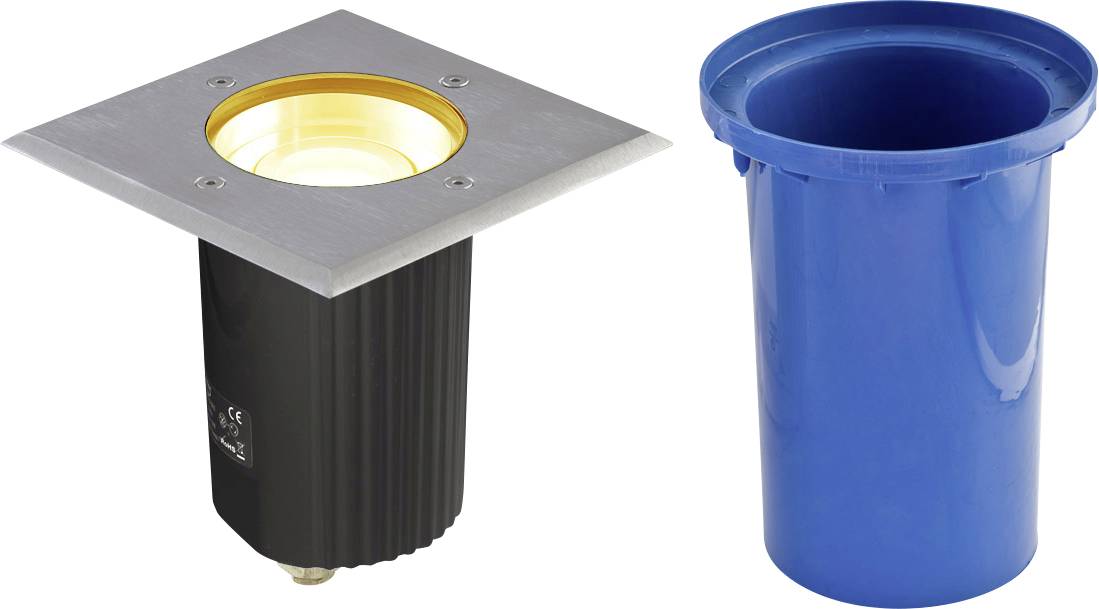 Bodeneinbau-Leuchte neben einer blauen zylindrischen Hülse oder Gehäuseabdeckung auf weißem Hintergrund.