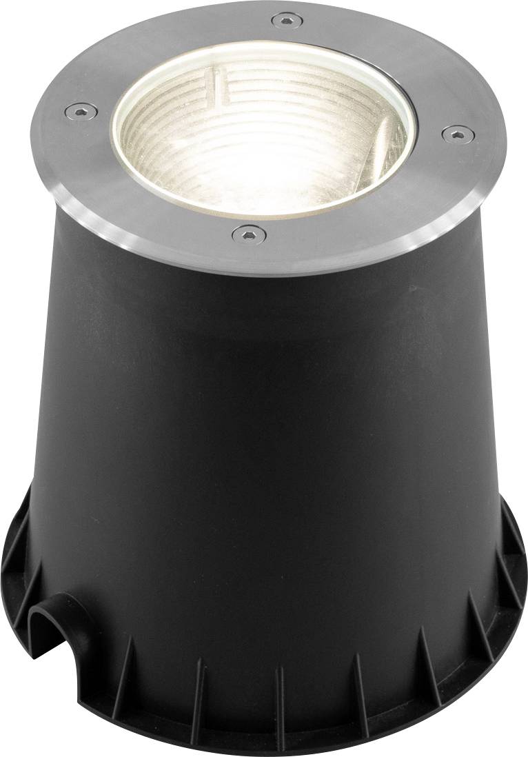 Schwarze zylindrische eingelassene Bodenleuchte mit silbernem Metallrand und offener Oberseite