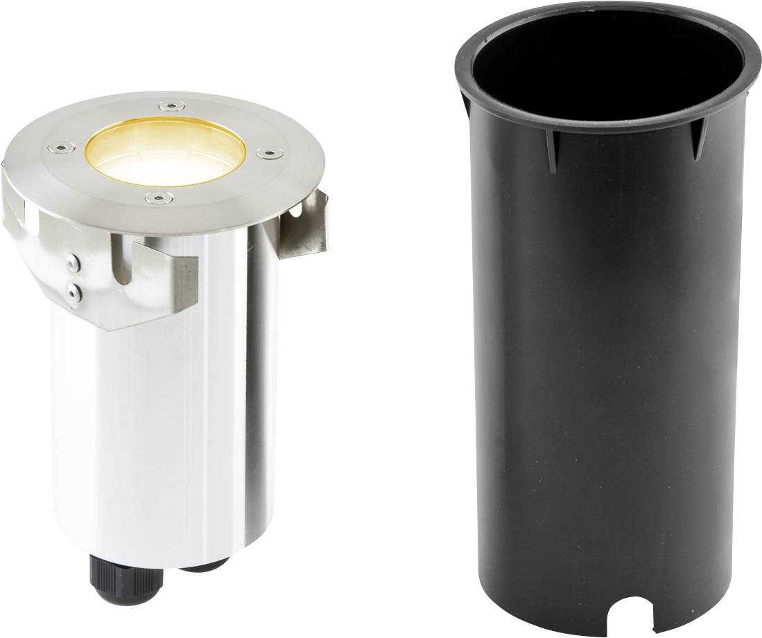 Metallische zylindrische Leuchte mit silbernem Gehäuse und abnehmbarer schwarzer Hülse, nebeneinander auf weißem Hintergrund gezeigt.