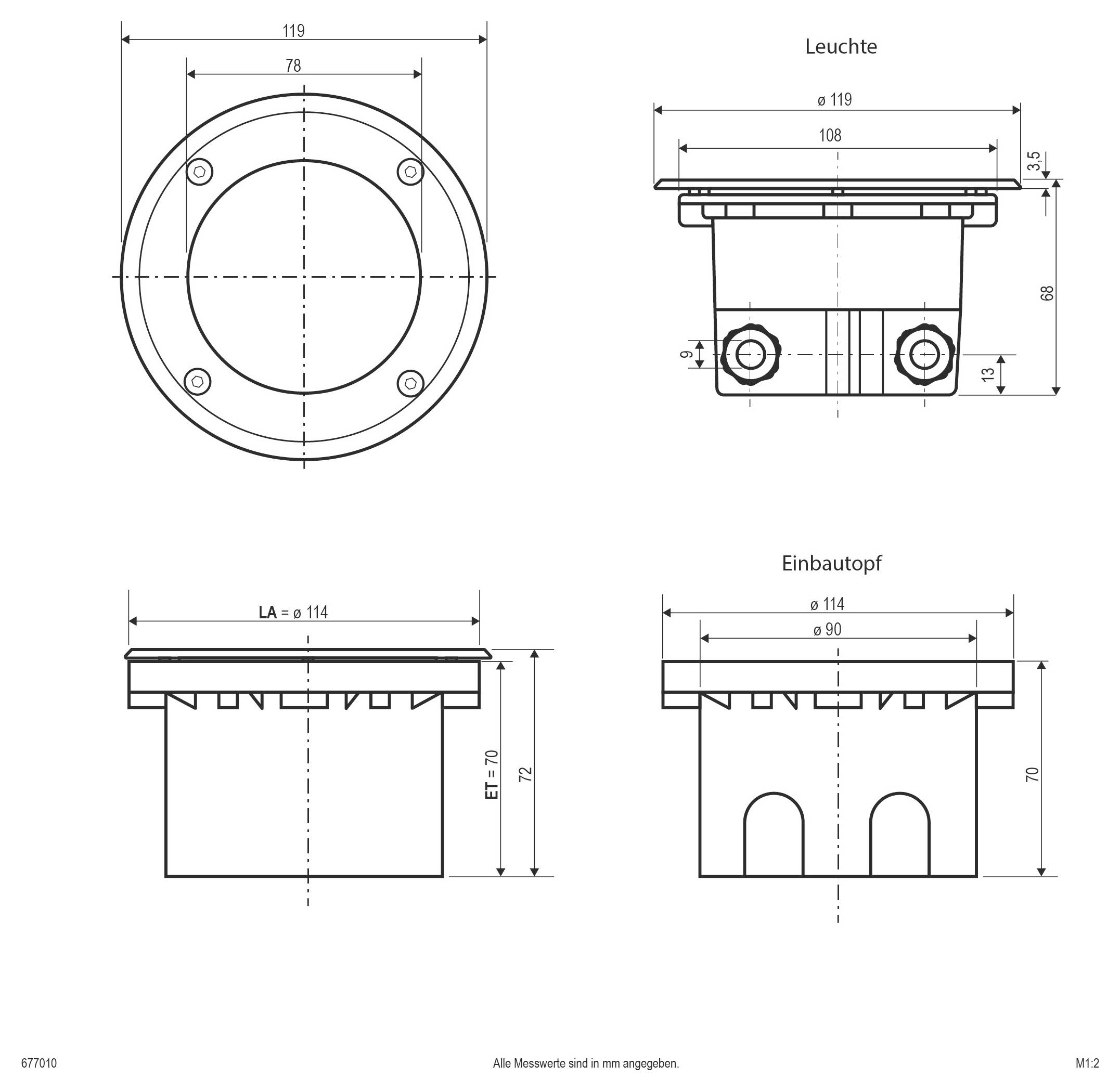 Technische Maßzeichnung einer runden Leuchte und Einbaugehäuse mit Ansichten von oben, von der Seite und von vorne mit Abmessungen in Millimetern.