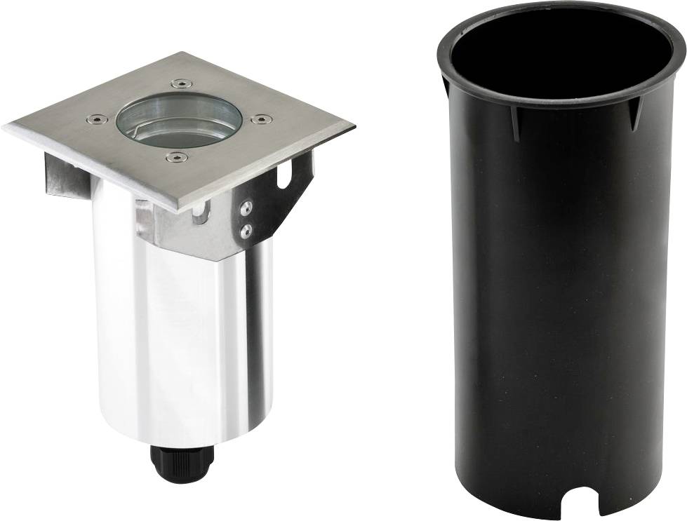 Zwei Teile eines Bodeneinbauleuchtensystems: links der Leuchtenkörper aus Metall mit Glasabdeckung, rechts der schwarze Einbautopf aus Kunststoff.