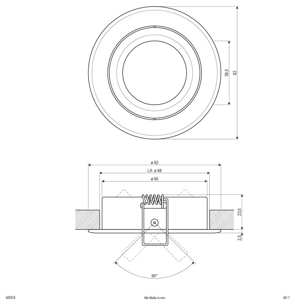 Technische Zeichnung einer runden, eingelassenen Leuchte, dargestellt in Draufsicht und Seitenansicht mit Abmessungen in mm und einem Neigungsbereich von 90°.